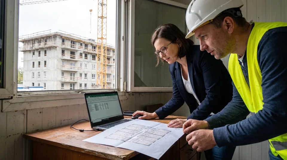 Księgowa i kierownik projektu deweloperskiego przeglądają harmonogram kosztów budowy i listę lokali na placu budowy osiedla